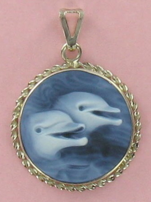CAM33- Two Laughing Dolphins Blue AgateCameo